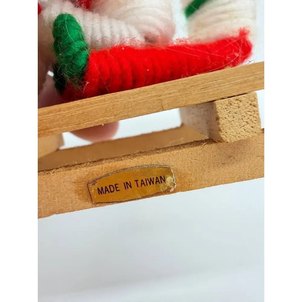 Vintage Taiwan Christmas Yarn Doll Children Wooden Sled Holiday Figurine Set